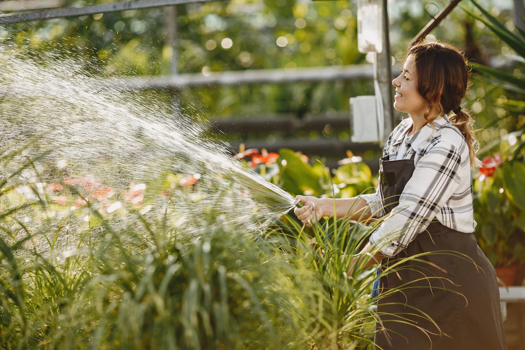 Une femme arrose son jardin grâce à de l'eau de pluie qu'elle a récupérer avec sa citerne souple. De cette manière, elle limite l'utilisation d'eau potable. 
